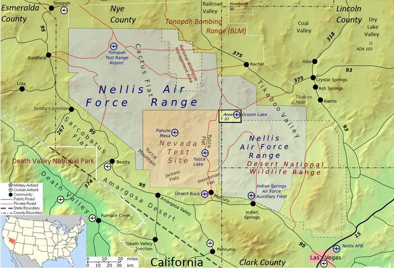 Geographie Die Area 51 ist Teil der NAFR (Nelli Air Force Range), welche ein militärisches Sperrgebiet im südlichen Nevada (USA) ist, und befindet sich im Besitz der United States Air Force und des