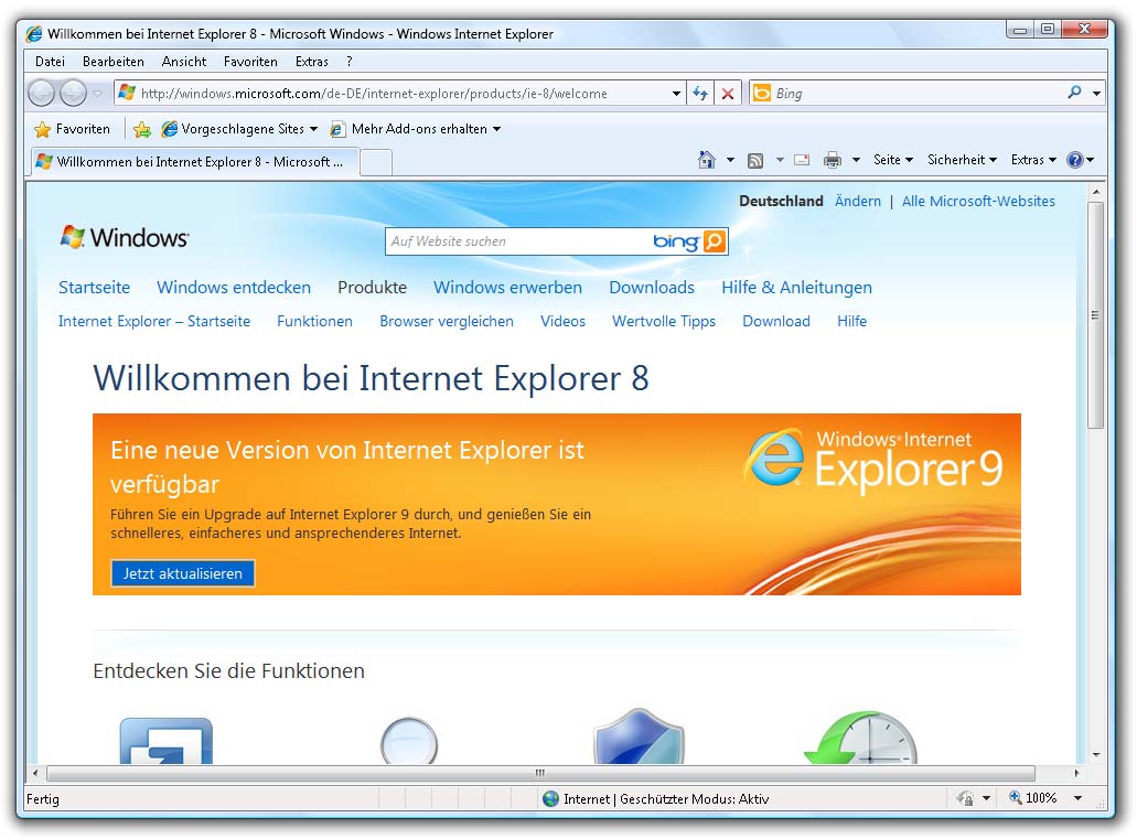 Internet Explorer (Verbundnetz Forscher) - Version 8 Rahmen Icon Titelleiste Menüleiste Befehlsleiste Favoritenleiste Systemschaltflächen Registerkarte Adressleiste mit Suchfeld Statusleiste