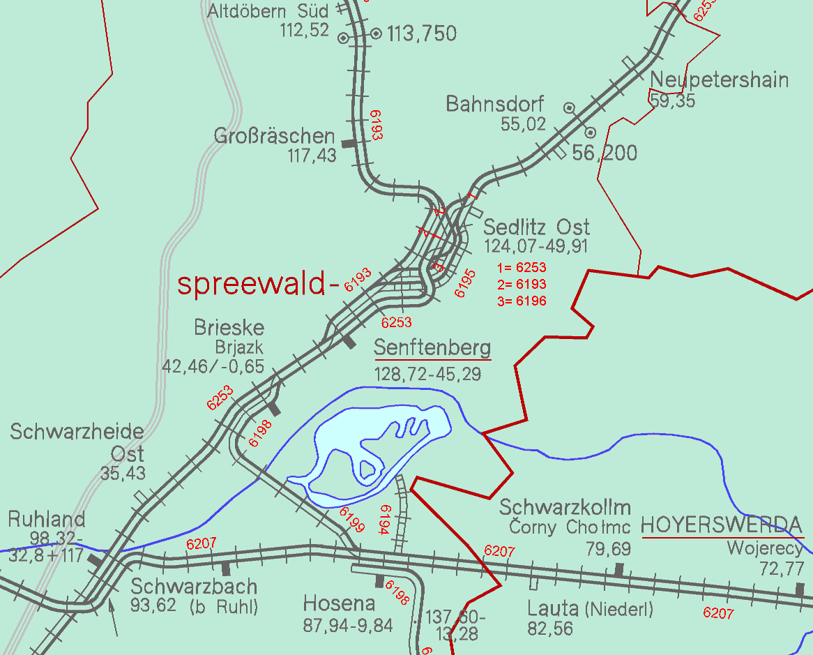 Bf Ruhland geändert Ganzjährig Gleis 2 Stumpfgleis (nur nach Süden/Osten nutzbar); Bahnsteig-Nutzlänge 100 m Gleise 3 bis 5