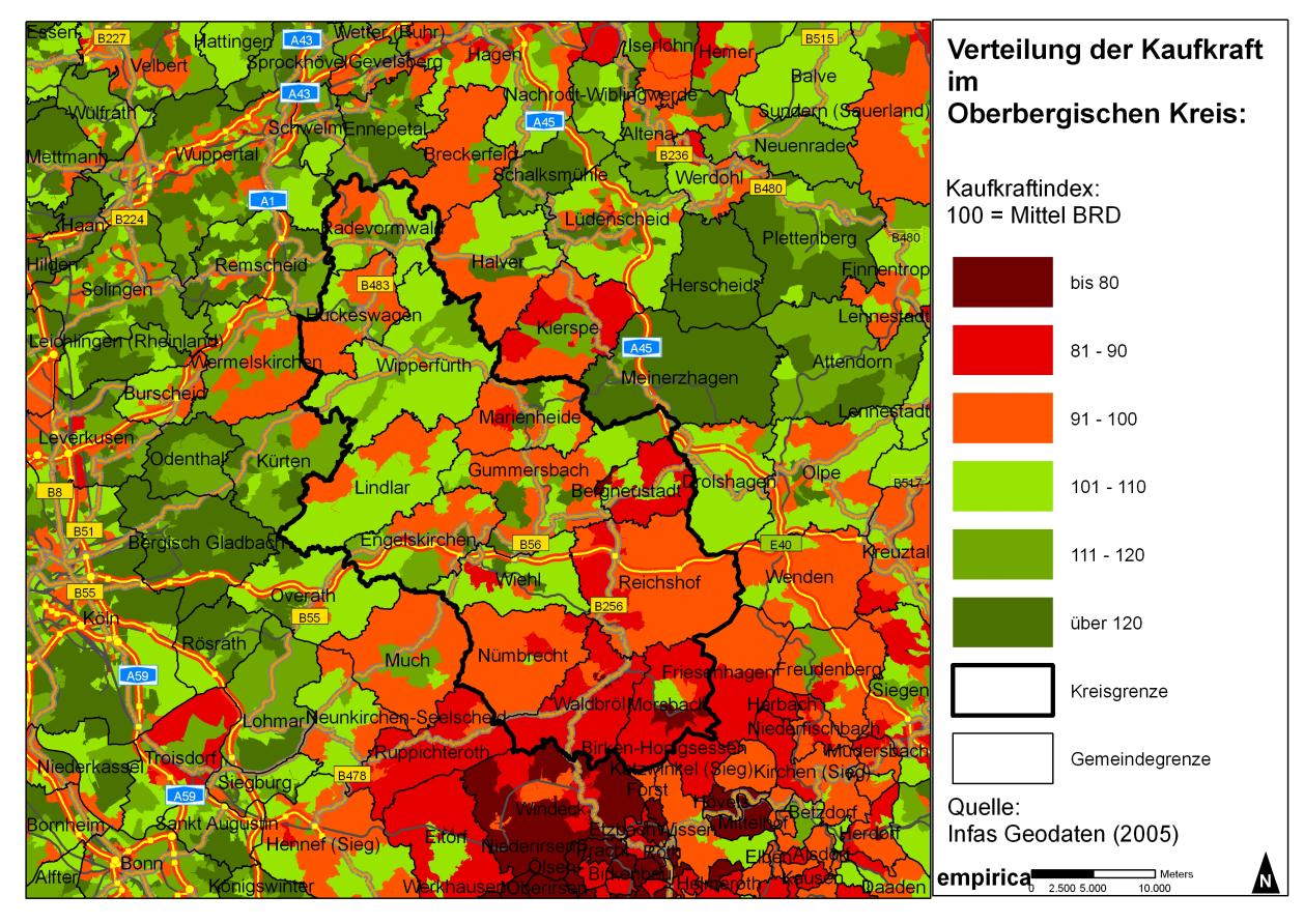auch im Süden von Köln und Teilen von Sankt Augustin und Königswinter leben mehr Haushalte mit einer überdurchschnittlich hohen Kaufkraft (>100).