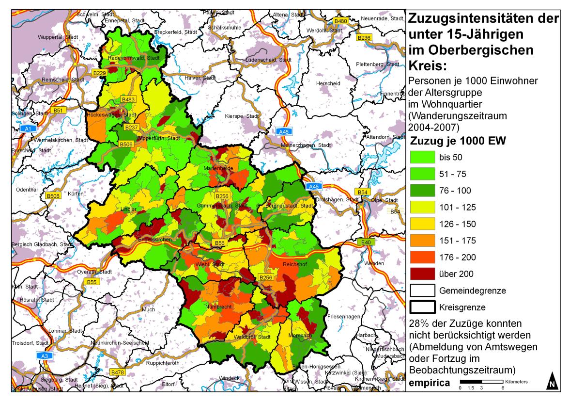 Karte 3: Zuzugsintensität auf Wohnquartiersebene (alle Altersgruppen) Quelle: GKD Rhein-Sieg/Oberberg. Eigene Auswertung. Eigene Darstellung.