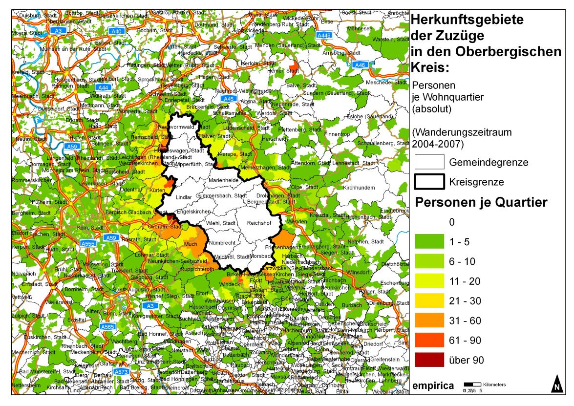 Karte 6: Zielgebiete der Fortzüge aus dem Oberbergischen Kreis Quelle: GKD Rhein-Sieg/Oberberg. Eigene Auswertung. Eigene Darstellung.