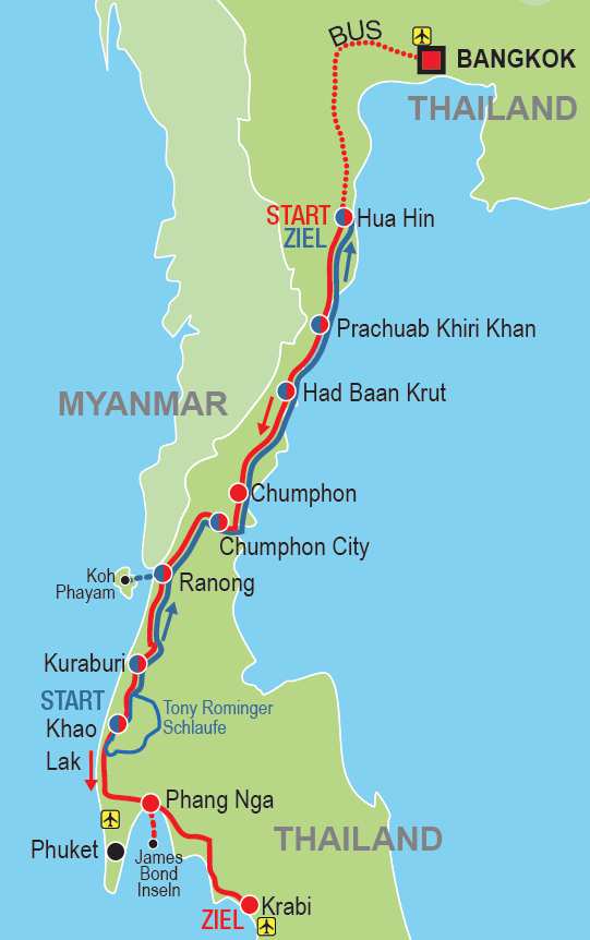 Südthailand von Hua Hin nach Krabi 15. bis 30. Januar 2015 Eine schöne Küstentour über 11 Etappen von Bangkok bis nach Krabi die ideale flache Saison-Eröffnungstour.