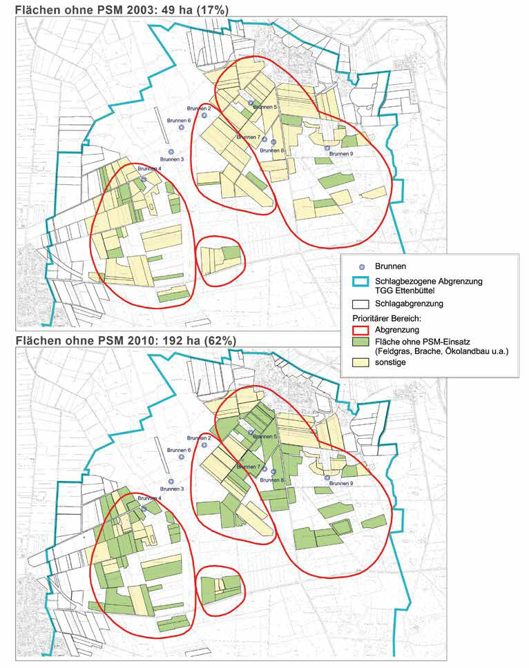 2.4.5 Maßnahmen zur Vermeidung von Planzenschutzmittel einträgen Flächen ohne PSM 2003: 49 ha (17%) Flächen ohne PSM 2010: 192 ha (62%) Abb.