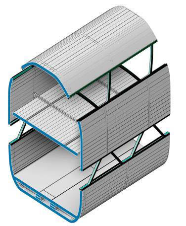 DLR.de Folie 35 Fahrgastmodul: Bauweise Selbsttragendes biege- und torsionssteifes Segment Flächenelemente aus Faserkunststoffverbund-(FKV-)Sandwichstrukturen Fensterbänder in FKV oder Metall-