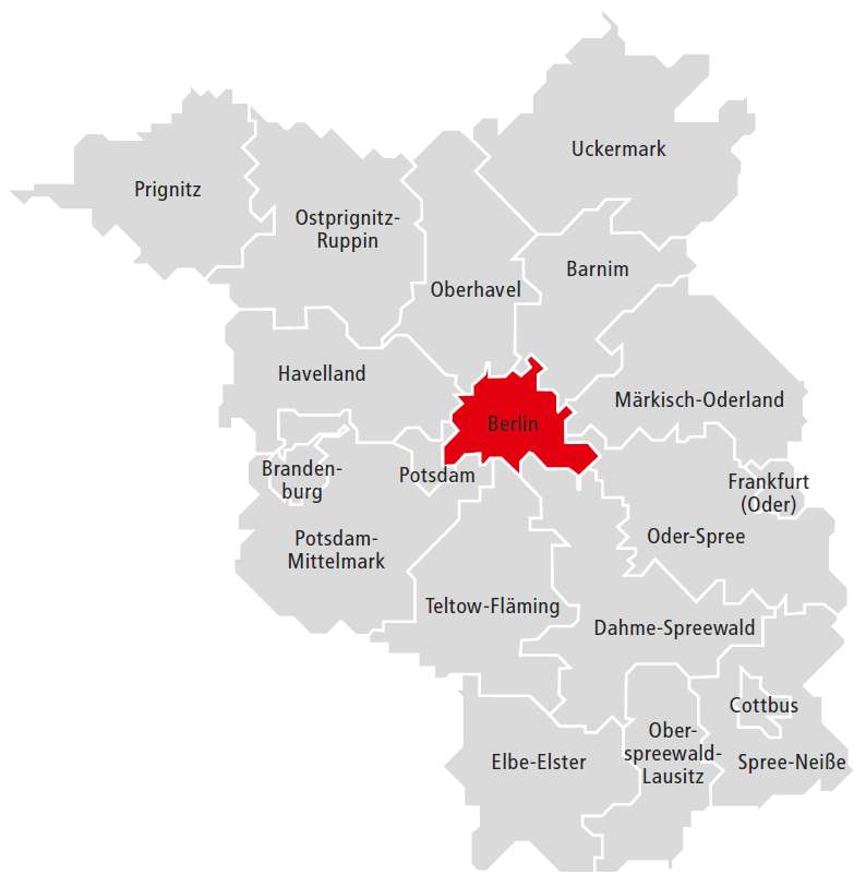 Ein großes Verbundgebiet Berlin: Fläche: 891 km² 3,4 Mio. Einwohner 12 Bezirke Brandenburg: Fläche: 29.476 km² 2,5 Mio.