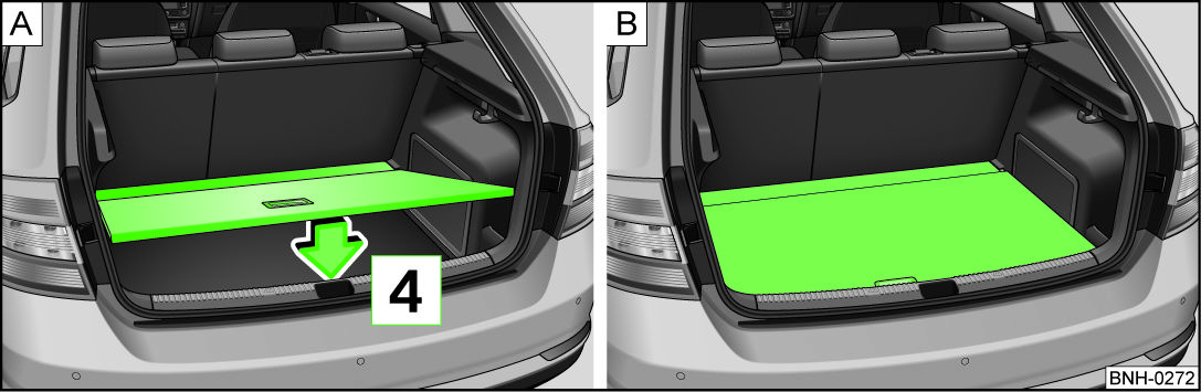 In die obere Position einstellen VORSICHT Beim Einstellen des variablen Ladebodens in die obere Position darf sich die Gepäckraumabdeckung nicht in der Parkstellung befinden» Seite 69.