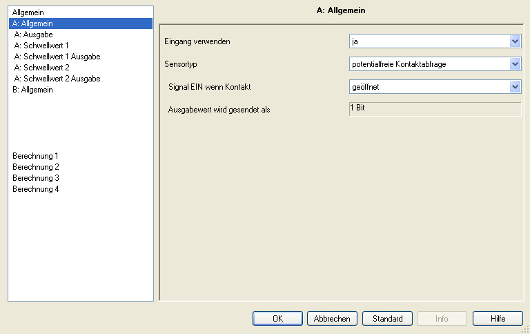 3.2.10 Parameterfenster A: Allgemein potentialfreie Kontaktabfrage Einstellungsmöglichkeiten bei Sensortyp potentialfreie Kontaktabfrage.