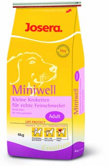 Miniwell Kleine Kroketten für echte Feinschmecker Gebindegrößen: 1,5 kg, 4 kg Josera Miniwell wurde speziell für die Bedürfnisse kleiner Hunderassen entwickelt.