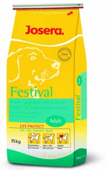 Festival Gebindegrößen: 2 kg, 4 kg,15 kg Das ideale Futter mit delikater soße für den anspruchsvollen Hund Josera Festival ist ein ausgewogenes und hochwertiges Futter für erwachsene Hunde.