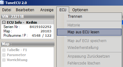Da noch keine Map in TuneECU geöffnet wurde, sieht das dann wie folgt aus: Map aus ECU lesen: Gehe vor wie folgt: Im Menü ECU auf die Option Map aus ECU lesen klicken