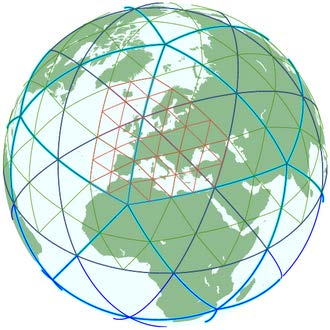 Abb. 1: Beispiel eines globalen ICON Gitters mit zweifacher regionaler Verfeinerung.