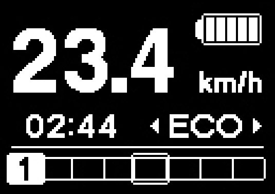 Standardbildschirm Zeigt den Status des E-Bikes und Fahrtdaten an 1 2 3 4 1. Aktuelle Geschwindigkeit Zeigt die aktuelle Geschwindigkeit an. 2. Aktuelle Uhrzeit Zeigt die aktuelle Uhrzeit an. 3. Akkuladung Zeigt den aktuellen Akkuladestand in sechs Stufen an.