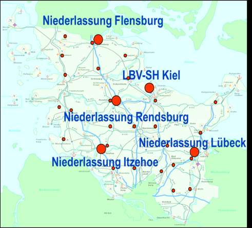 Der LBV-SH in Kiel ist verantwortlich für: die Verwaltung von Personal und Finanzen, die Steuerung und Koordinierung der Straßenbaumaßnahmen, Grundsatzfragen im Bereich Straßen- und Brückenbau und