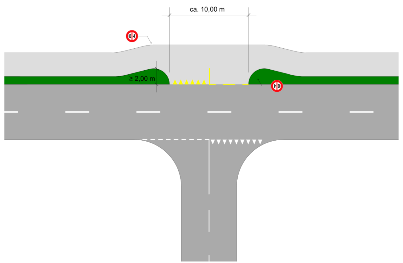 7.3.2 Vortrittsbelastete Velowegübergänge Vortrittsbelastete Velowegübergänge werden mit einem Abstand von mindestens 5,00 m zur anliegenden Fahrbahn über die Einmündung geführt.
