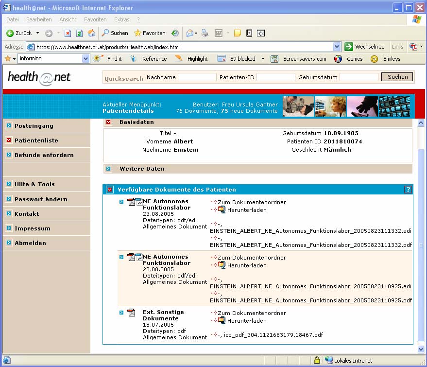TILAK s Webportal Double clicking a patient on the patient list will