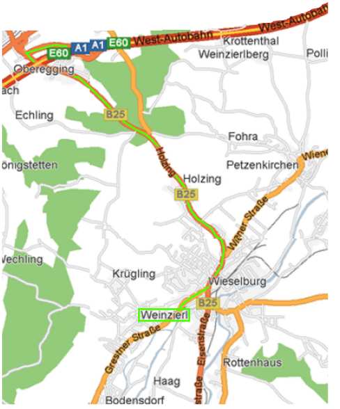PLAN VON WIESELBURG Autobahn A1 Ausfahrt E60, B25 Richtung Wieselburg. Nach dem Hauptplatz Wieselburg Richtung Grestner Straße.