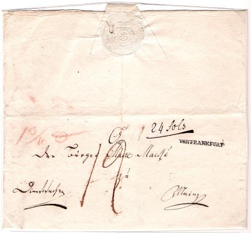 gar durch einen Hauderer (nicht lizenzierter Bote) oder einem Reisenden etc. geschehen ist, kann nicht mehr nachvollzogen werden. Grenzüberschreitender Brief aus Oberursel/Ts. Aus dem Jahre 1802.