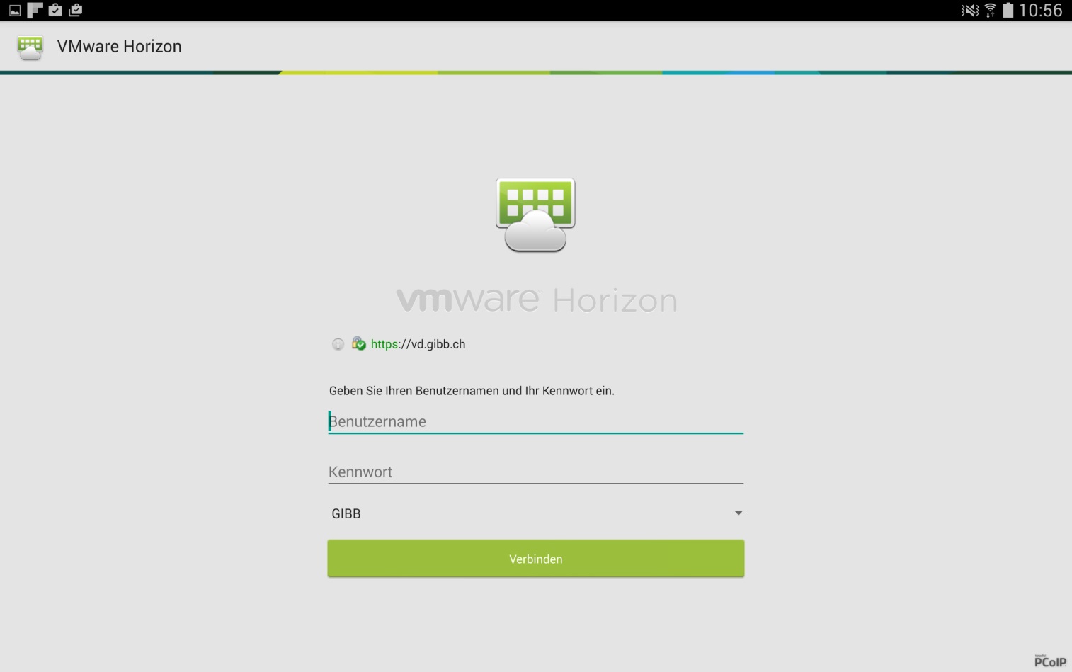 Nach dem Öffnen des VMware Horizon Clients den Servernamen "vd.gibb.