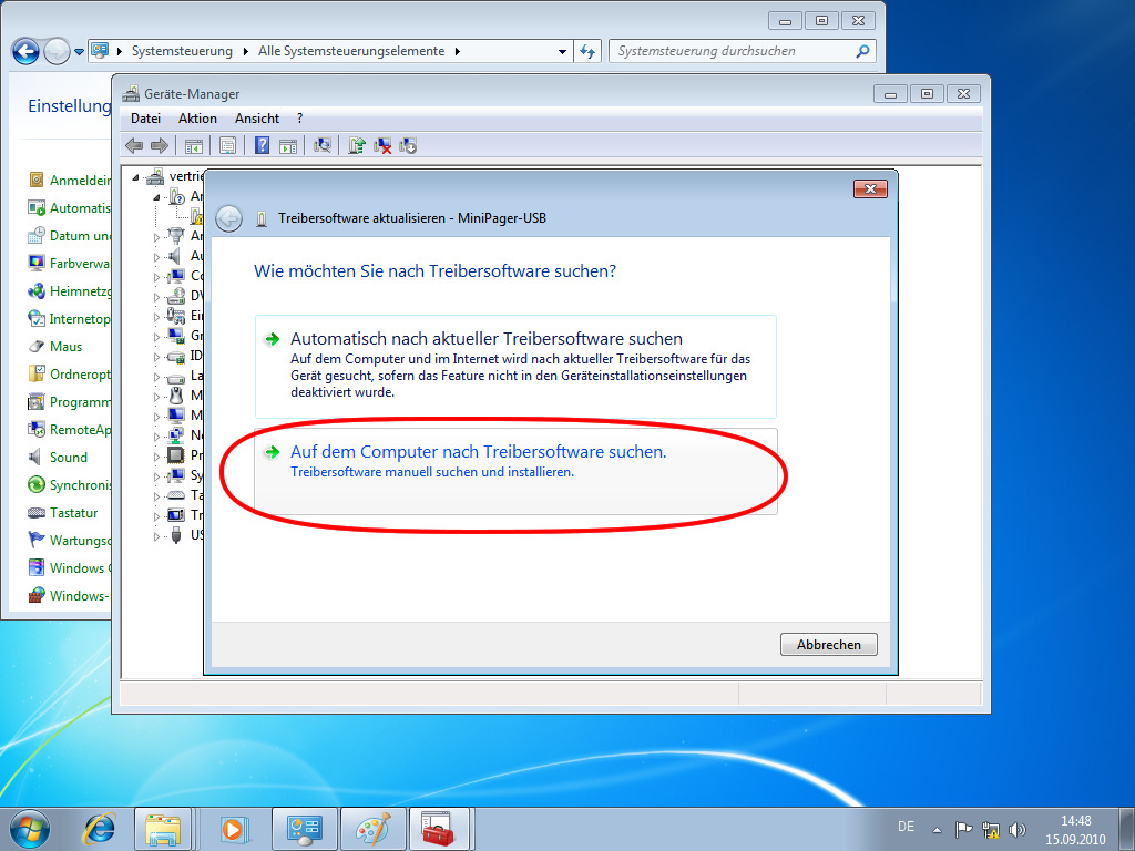 Windows 7 möchte jetzt Angaben zum Speicherort des Gerätetreibers haben.
