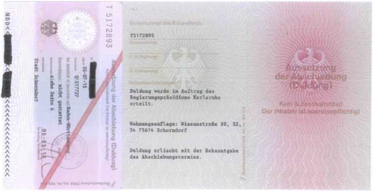 Dokumente im Asylverfahren - bei einer Duldung»»Duldung (bei Ausreisepflicht, z. Zt.