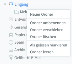 3. Webmail Elemente a. Ordnerstruktur In der linken Spalte Ihres Webmail-Kontos finden Sie eine Baumstruktur, die Ihre Mailordner darstellt.