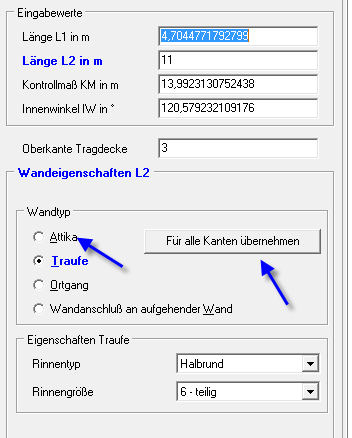 In den Erfassungsfeldern sind die Eingabewerte bereits dargestellt: Länge L1, Länge L2, Kontrollmaß und Innenwinkel in Grad.