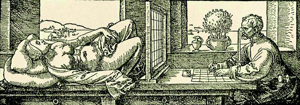 1:5 Dürer stellt dar, wie eine räumliche Abbildung des weiblichen Körpers anzufertigen ist.