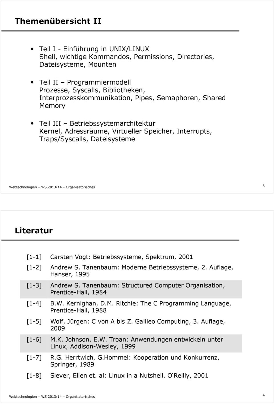 Carsten Vogt: Betriebssysteme, Spektrum, 2001 [1-2] Andrew S. Tanenbaum: Moderne Betriebssysteme, 2. Auflage, Hanser, 1995 [1-3] Andrew S.