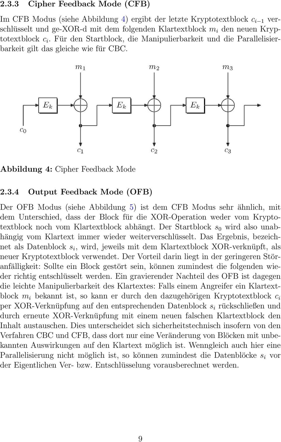 4 Output Feedback Mode (OFB) Der OFB Modus (siehe Abbildung 5) ist dem CFB Modus sehr ähnlich, mit dem Unterschied, dass der Block für die XOR-Operation weder vom Kryptotextblock noch vom