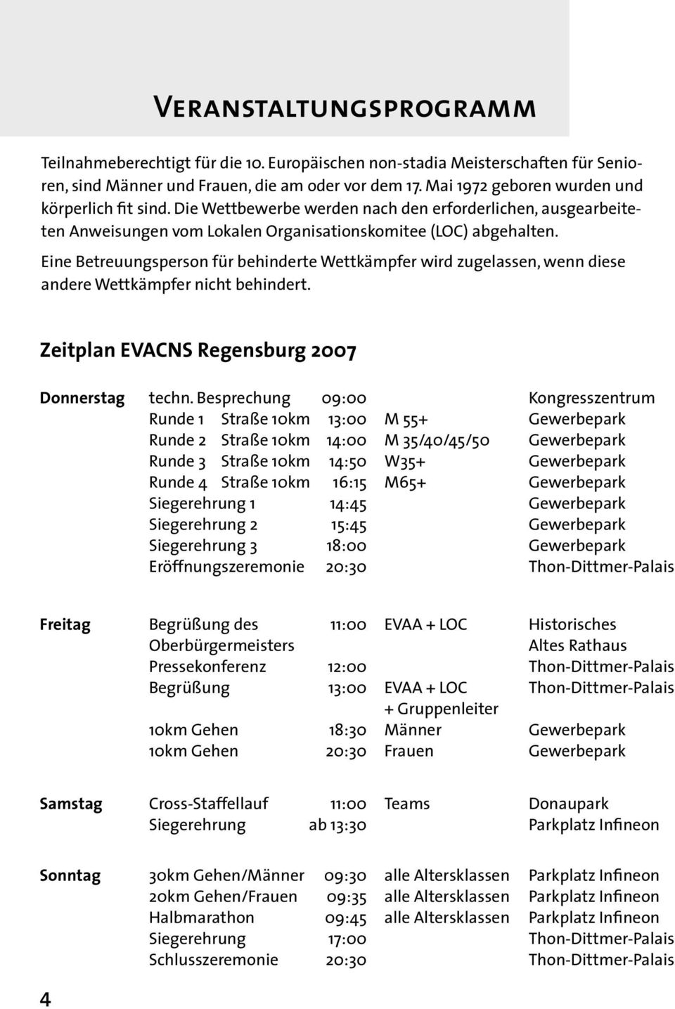 Eine Betreuungsperson für behinderte Wettkämpfer wird zugelassen, wenn diese andere Wettkämpfer nicht behindert. Zeitplan EVACNS Regensburg 2007 Donnerstag techn.