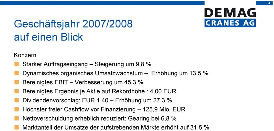 : 4,00 EUR Dividendenvorschlag: EUR 1,40 Erhöhung um 27,3 % Höchster freier Cashflow vor Finanzierung 125,9 Mio.