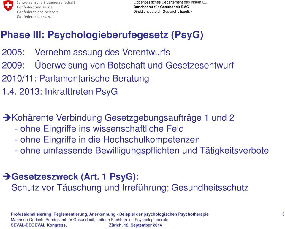 2013: Inkrafttreten PsyG Kohärente Verbindung Gesetzgebungsaufträge 1 und 2 - ohne Eingriffe ins wissenschaftliche Feld
