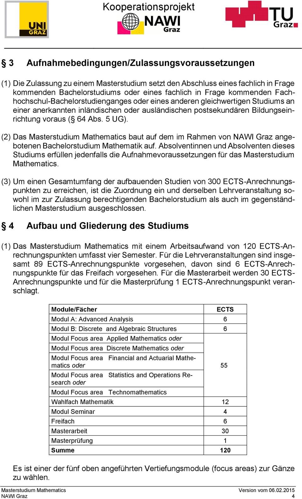 (2) Das Masterstudium Mathematics baut auf dem im Rahmen von NAWI Graz angebotenen Bachelorstudium Mathematik auf.