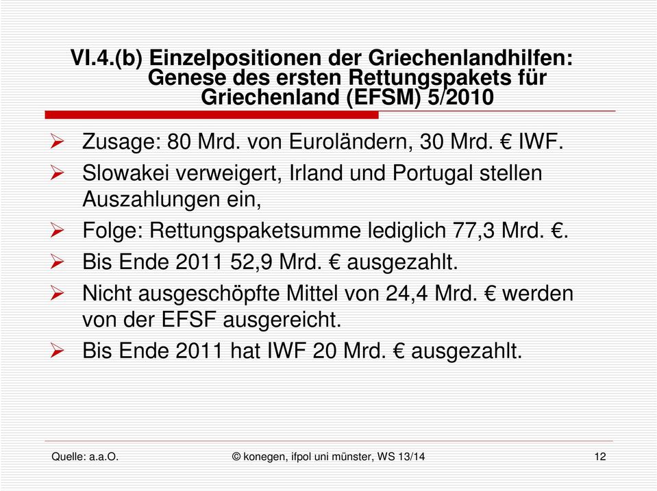 Slowakei verweigert, Irland und Portugal stellen Auszahlungen ein, Folge: Rettungspaketsumme lediglich 77,3 Mrd.