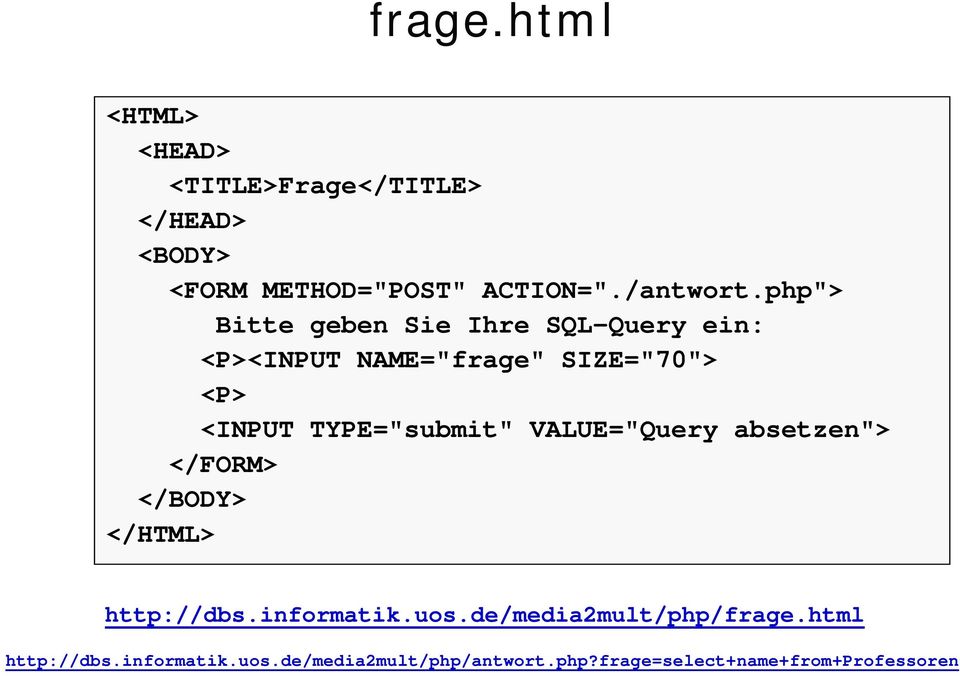 TYPE="submit" VALUE="Query absetzen"> </FORM> </BODY> </HTML> http://dbs.informatik.uos.