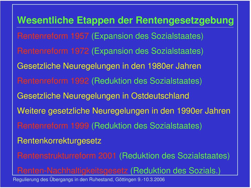 Neuregelungen in Ostdeutschland Weitere gesetzliche Neuregelungen in den 1990er Jahren Rentenreform 1999 (Reduktion des