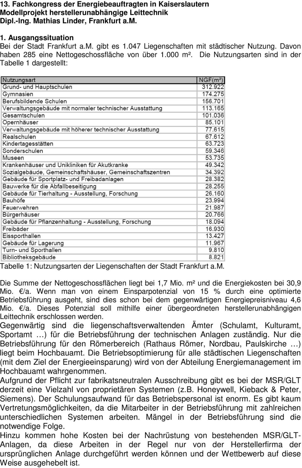 Die Nutzungsarten sind in der Tabelle 1 dargestellt: Tabelle 1: Nutzungsarten der Liegenschaften der Stadt Frankfurt a.m. Die Summe der Nettogeschossflächen liegt bei 1,7 Mio.