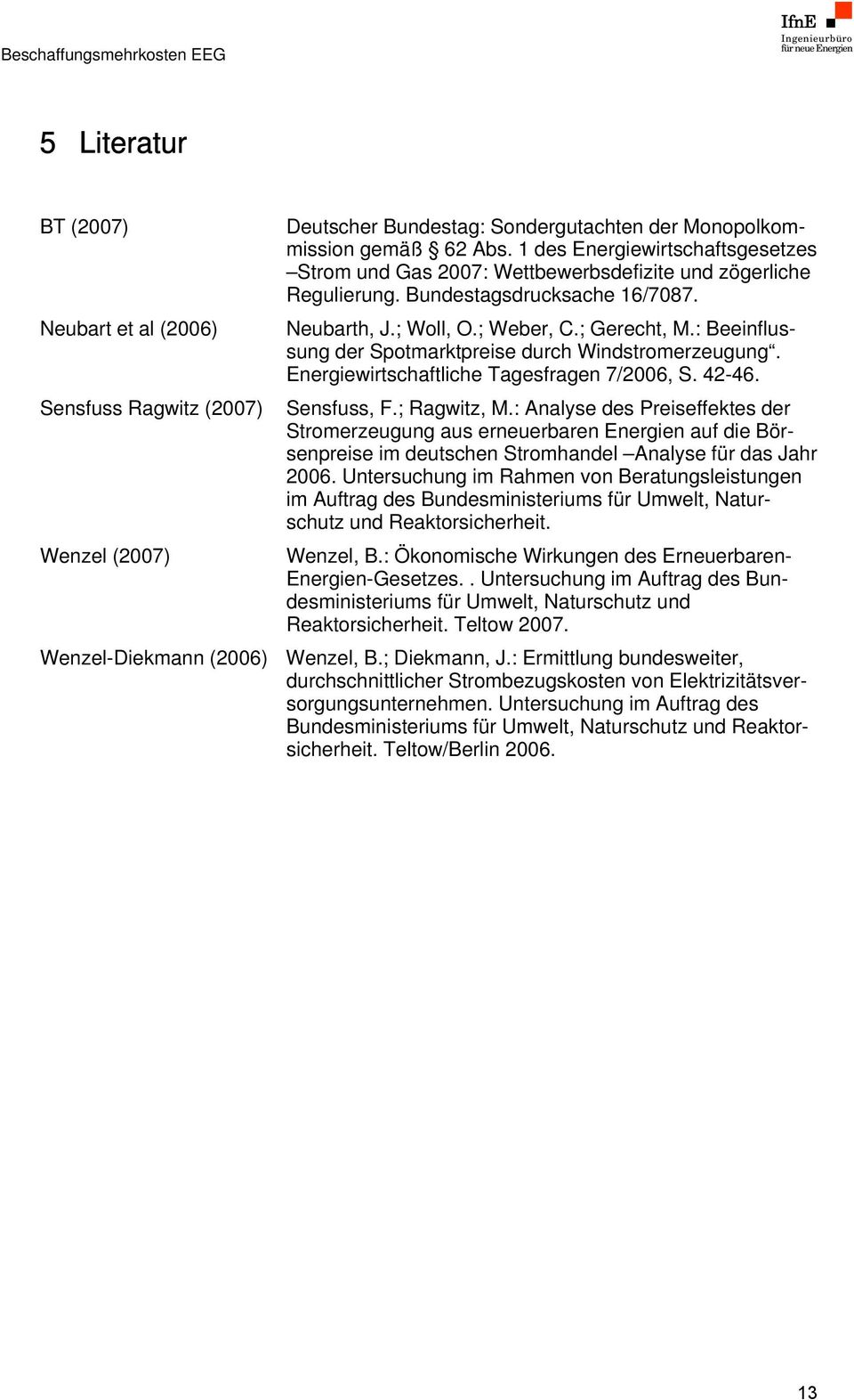 : Beeinflussung der Spotmarktpreise durch Windstromerzeugung. Energiewirtschaftliche Tagesfragen 7/2006, S. 42-46. Sensfuss, F.; Ragwitz, M.