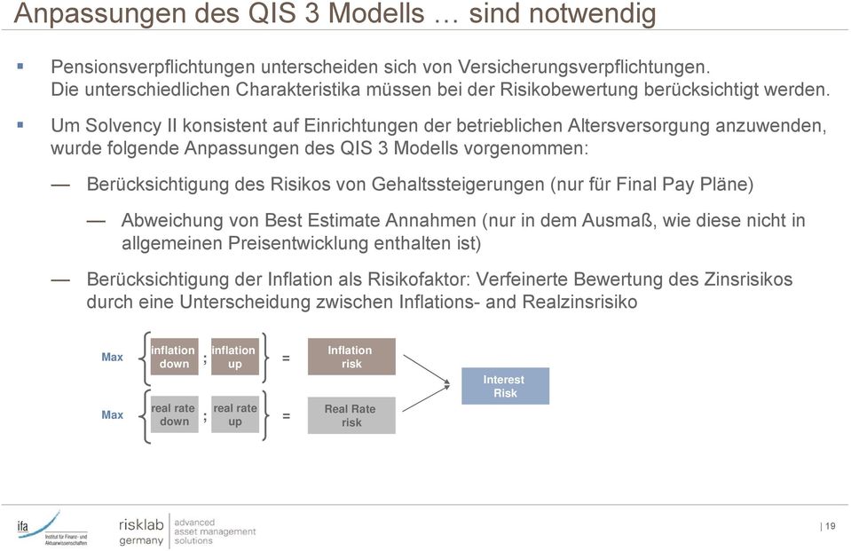 Um Solvency II konsistent auf Einrichtungen der betrieblichen Altersversorgung anzuwenden, wurde folgende Anpassungen des QIS 3 Modells vorgenommen: Berücksichtigung des Risikos von