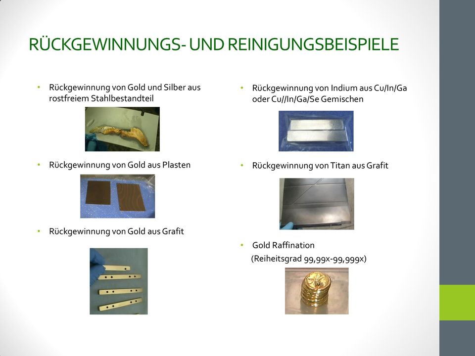 Cu//In/Ga/Se Gemischen Rückgewinnung von Gold aus Plasten Rückgewinnung von