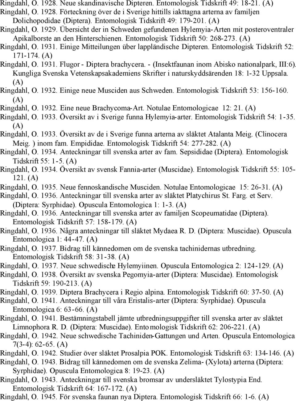 Ringdahl, O. 1931. Einige Mitteilungen über lappländische Dipteren. Entomologisk Tidskrift 52: 171-174. Ringdahl, O. 1931. Flugor - Diptera brachycera.