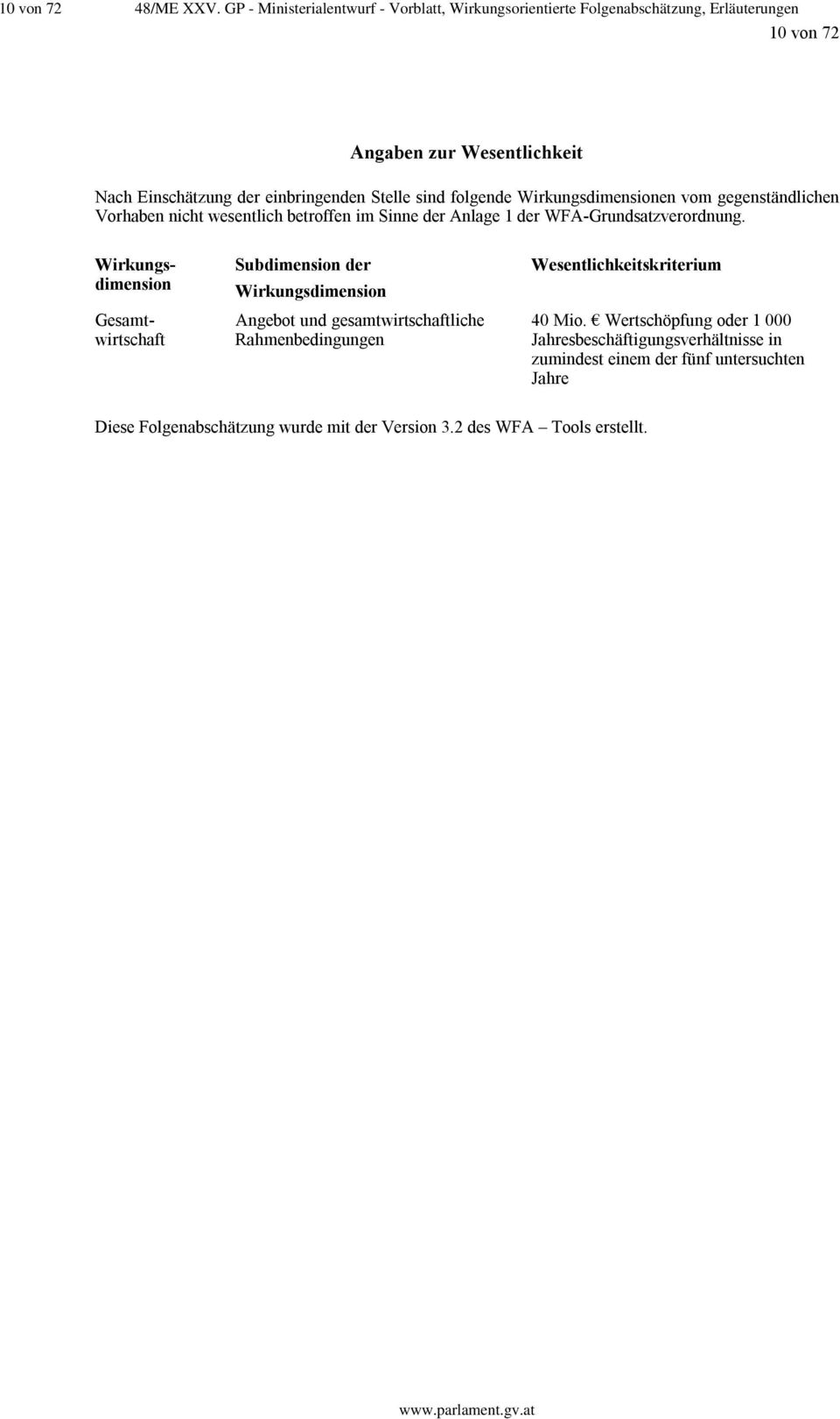 Stelle sind folgende Wirkungsdimensionen vom gegenständlichen Vorhaben nicht wesentlich betroffen im Sinne der Anlage 1 der WFA-Grundsatzverordnung.