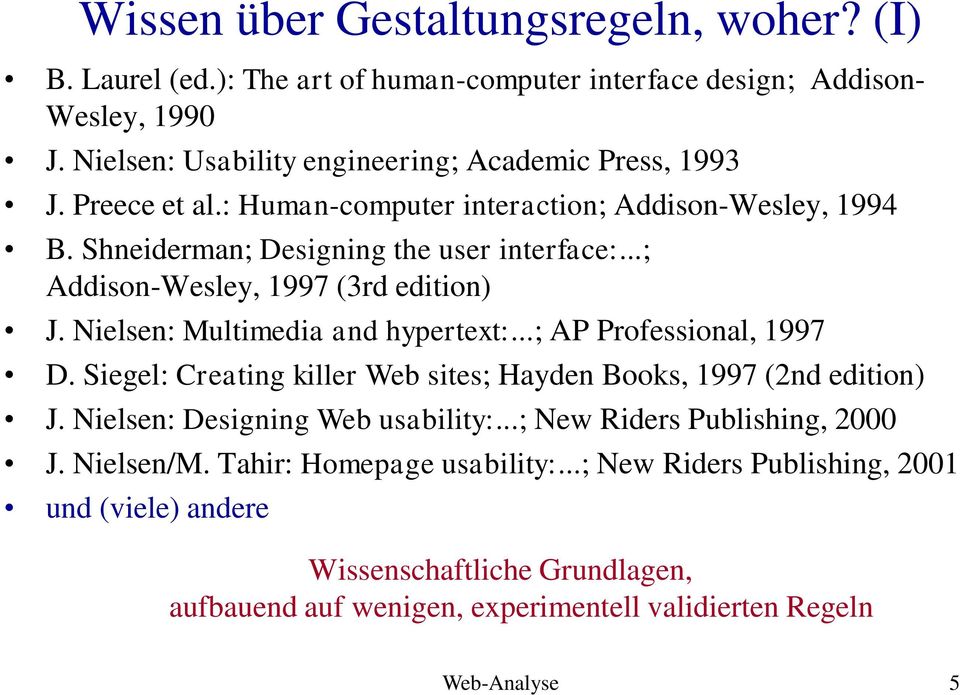 ..; Addison-Wesley, 1997 (3rd edition) J. Nielsen: Multimedia and hypertext:...; AP Professional, 1997 D. Siegel: Creating killer Web sites; Hayden Books, 1997 (2nd edition) J.