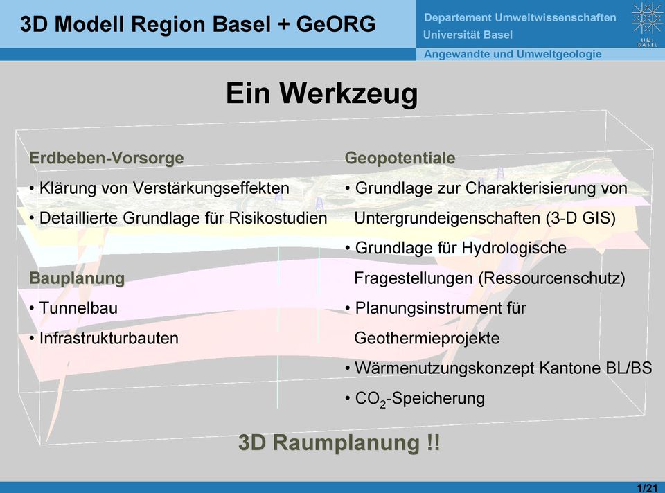 Infrastrukturbauten Grundlage zur Charakterisierung von Untergrundeigenschaften (3-D GIS) Grundlage für Hydrologische Fragestellungen (Ressourcenschutz)