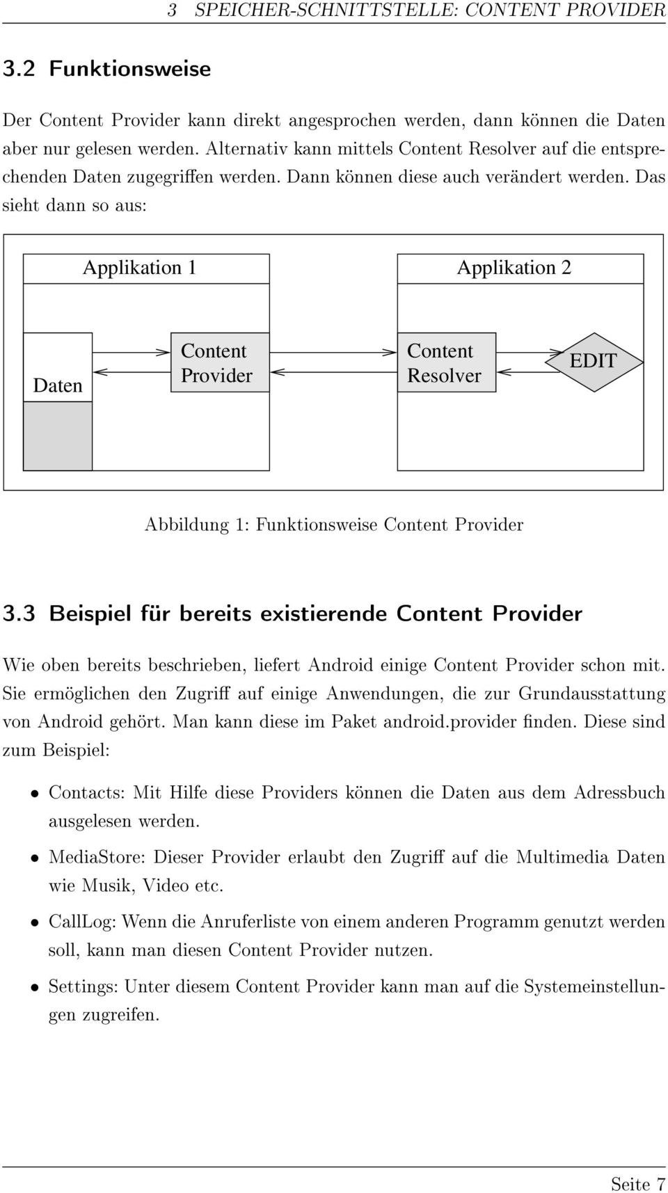 Das sieht dann so aus: Applikation 1 Applikation 2 Daten Content Provider Content Resolver EDIT Abbildung 1: Funktionsweise Content Provider 3.