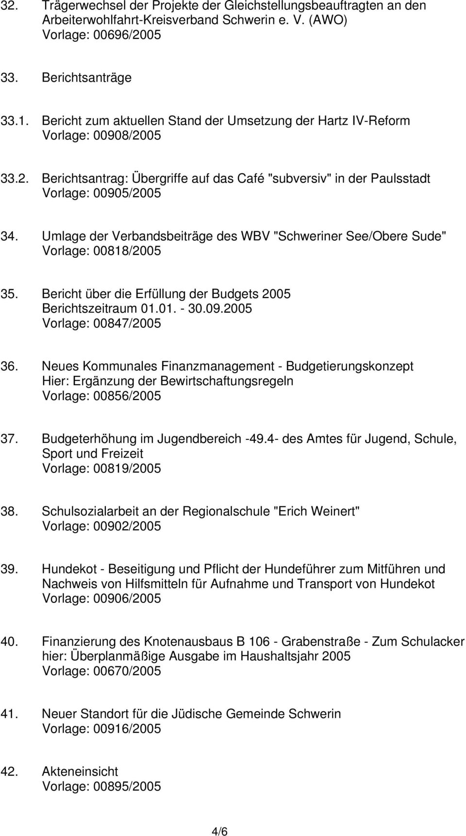 Umlage der Verbandsbeiträge des WBV "Schweriner See/Obere Sude" Vorlage: 00818/2005 35. Bericht über die Erfüllung der Budgets 2005 Berichtszeitraum 01.01. - 30.09.2005 Vorlage: 00847/2005 36.