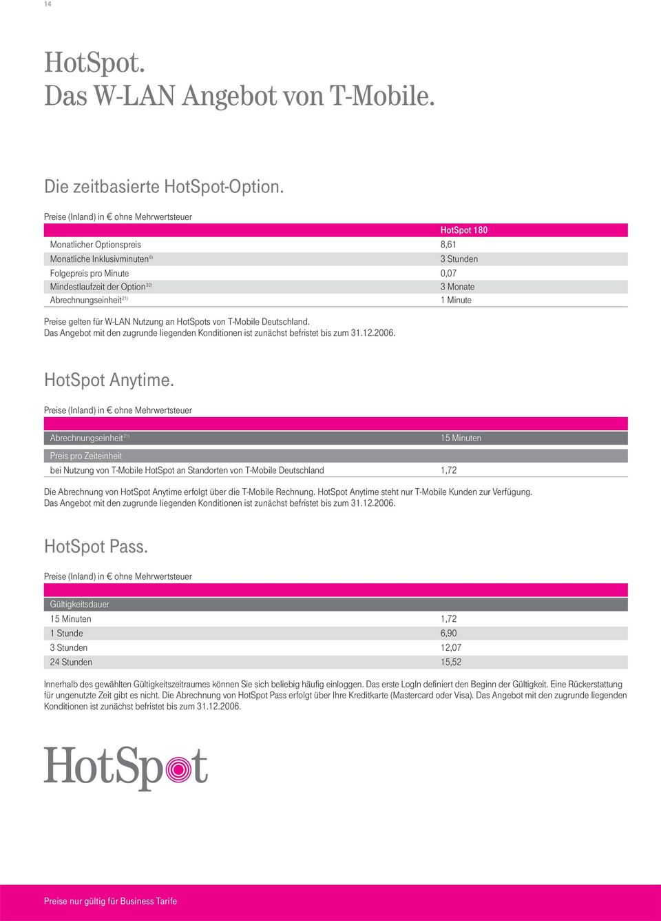 W-LAN Nutzung an HotSpots von T-Mobile Deutschland. Das Angebot mit den zugrunde liegenden Konditionen ist zunächst befristet bis zum 31.12.2006. HotSpot Anytime.