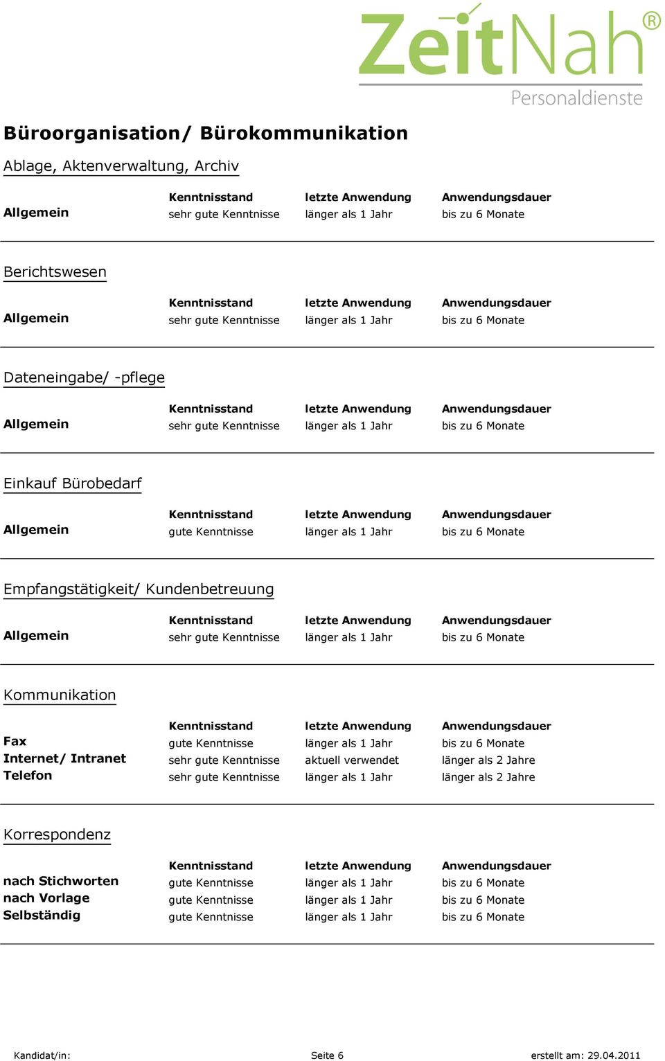 Jahr bis zu 6 Monate Kommunikation Fax gute Kenntnisse länger als 1 Jahr bis zu 6 Monate Internet/ Intranet sehr gute Kenntnisse aktuell verwendet länger als 2 Jahre Telefon sehr gute Kenntnisse