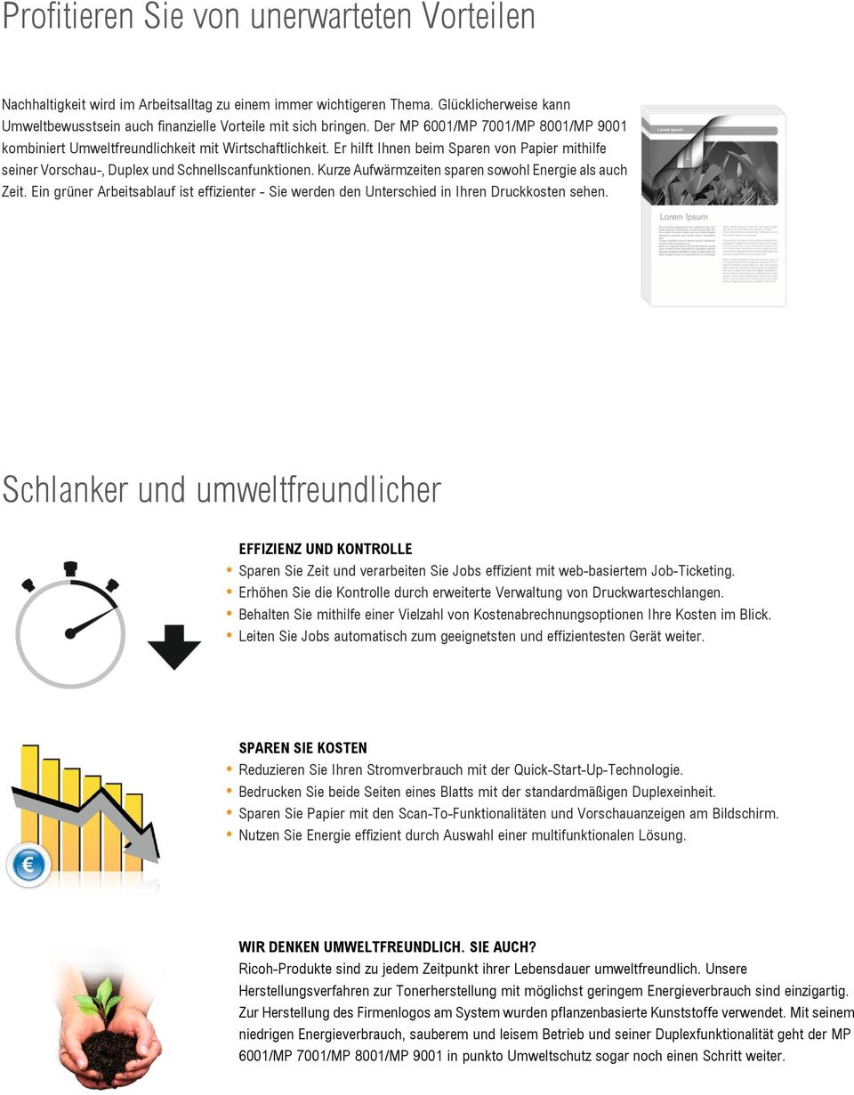 Kurze Aufwärmzeiten sparen sowohl Energie als auch Zeit. Ein grüner Arbeitsablauf ist effizienter - Sie werden den Unterschied in Ihren Druckkosten sehen.